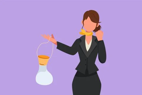 Cartoon flat style drawing of flight attendant holding air mask with celebr.. Ilustración de archivo