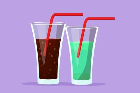 Cartoon flat style drawing fresh sweet soft drink on glass with ice cube lo.. Stock Illustration