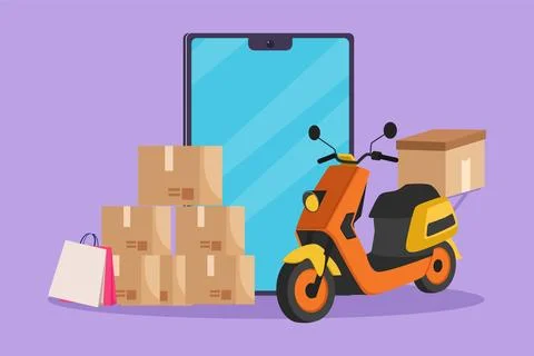 Cartoon flat style drawing giant smartphone or cell phone in front of couri.. Stock Illustration