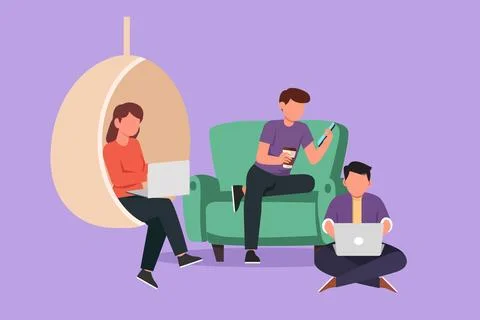 Cartoon flat style drawing group of people with laptop computer at home. Ma.. Stock-Illustration