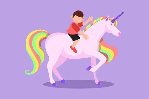 Cartoon flat style drawing happy little boy riding cute unicorn. Cheerful c.. Ilustración de archivo