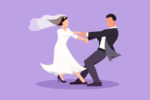 Cartoon flat style drawing happy cheerful boy and pretty girl dancing on th.. Stock Illustration
