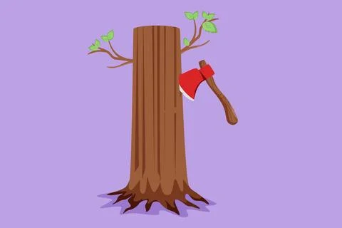 Cartoon flat style drawing of hatchet in beside tree stump logo, icon, labe.. Stock Illustration