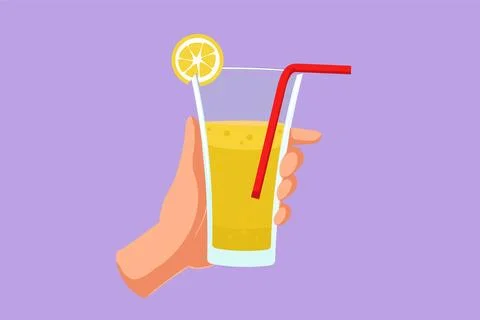 Cartoon flat style drawing lemonade served with ice cubes, hand holding ref.. Stock Illustration