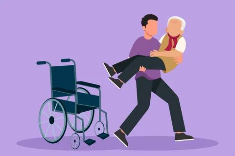 Cartoon flat style drawing loving son took his old disabled father from whe.. Stock Illustration