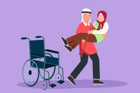 Cartoon flat style drawing loving Arabian son took his old disabled mother .. Stock Illustration