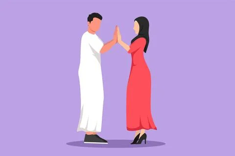 Cartoon flat style drawing man and woman holding hands and looking in each .. Stock Illustration