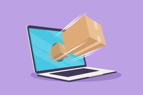 Cartoon flat style drawing package box out of large laptop screen. Online d.. Stock-Illustration
