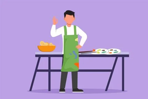 Cartoon flat style drawing of painter standing with gesture okay near table.. Stock-Illustration