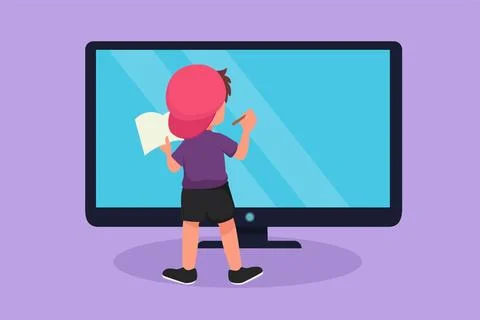 Cartoon flat style drawing of pre schooler boy student writing on giant com.. Ilustración de archivo