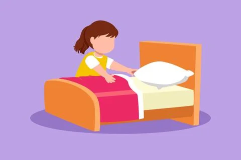 Cartoon flat style drawing pretty little girl making the bed at morning tim.. Stock Illustration