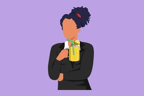 Cartoon flat style drawing pretty woman holds mug of fruit-berry lemonade w.. 스톡 일러스트