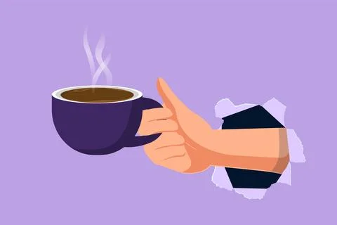 Cartoon flat style drawing of right man's hand hold white cup with coffee o.. Illustrazione stock