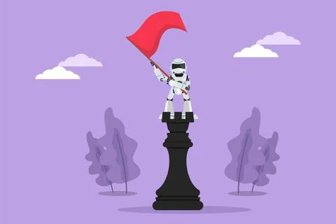 Cartoon flat style drawing of robot standing on top of big rook chess and w.. イラスト素材
