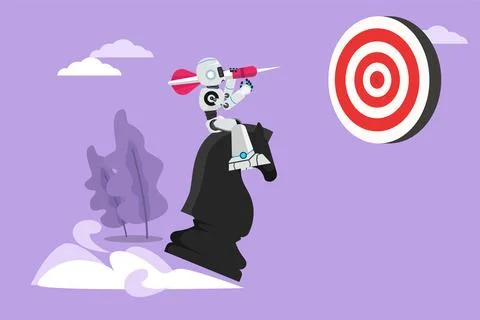 Cartoon flat style drawing robot holding dart arrow while riding chess knig.. イラスト素材