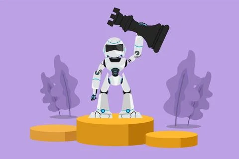 Cartoon flat style drawing robot holding and lifting rook chess piece at fi.. Stockillustratie