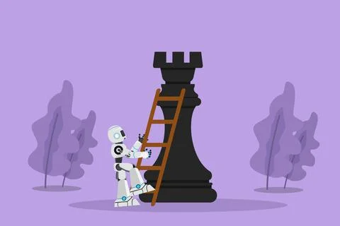 Cartoon flat style drawing robot climb huge rook chess piece with ladder. S.. Stockillustratie