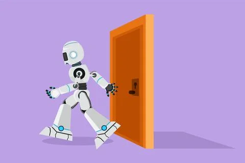 Cartoon flat style drawing robot walking and leaving closed door. Business .. Stock Illustration