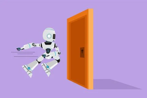 Cartoon flat style drawing robot running and want to break down the door. B.. Stock Illustration