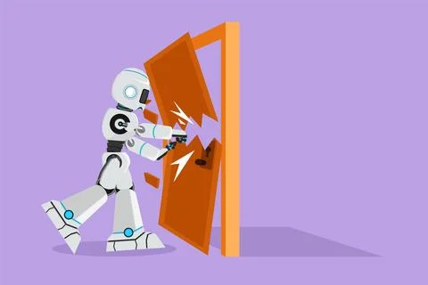Cartoon flat style drawing robot punching, destroying door. Overcome challe.. イラスト素材