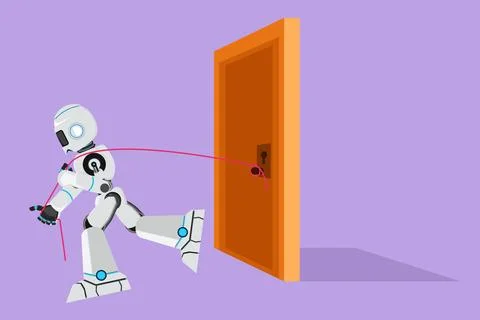 Cartoon flat style drawing robot trying hard to pulling heavy door frame wi.. Illustrazione stock