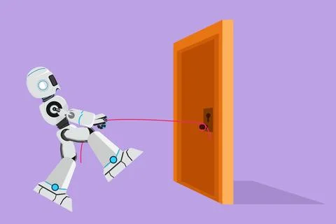 Cartoon flat style drawing of robot pulling door with rope, metaphor to fac.. Stock Illustration