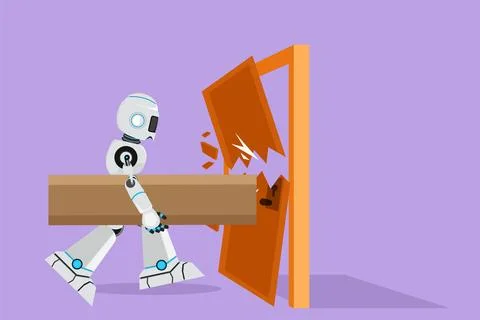 Cartoon flat style drawing robot holding large log and destroying door. Des.. イラスト素材