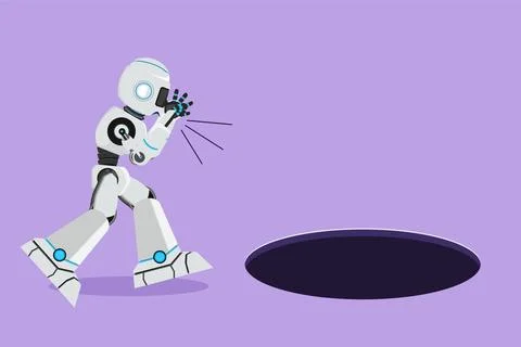 Cartoon flat style drawing robot scream into pit hole. Tech business opport.. Illustrazione stock