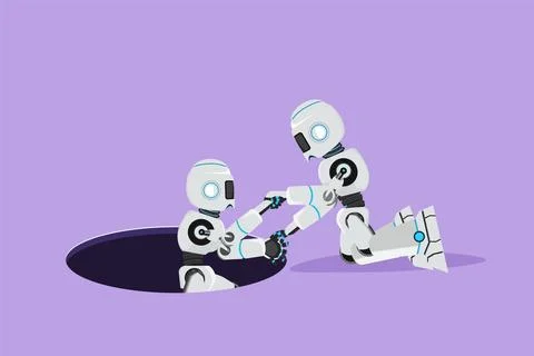 Cartoon flat style drawing robot helping his friend by take him out from ho.. Stock Illustration