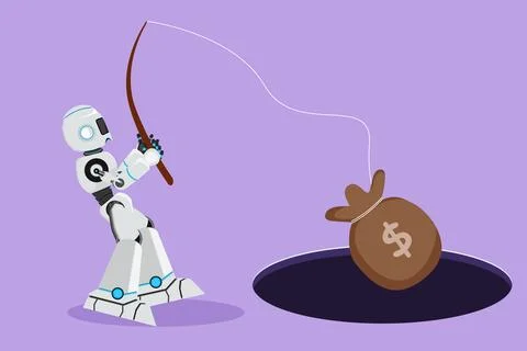 Cartoon flat style drawing robot holding fishing rod got money bag from hol.. Stockillustratie