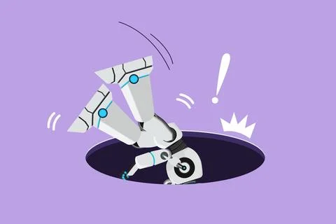 Cartoon flat style drawing robot falling into pit hole. Legs up. Protruding.. 库存插图