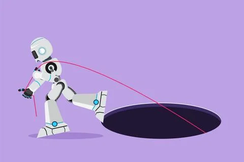 Cartoon flat style drawing robot trying hard pulling rope to drag something.. Stockillustratie