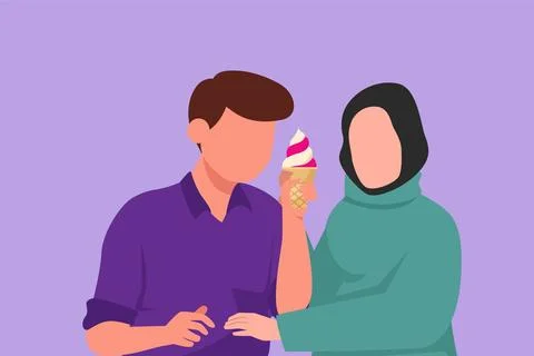 Cartoon flat style drawing romantic Arab couple standing and sharing ice cr.. Ilustración de archivo
