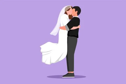 Cartoon flat style drawing of romantic married couple in love kissing and h.. Ilustração Stock