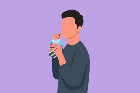 Cartoon flat style drawing side view of attractive man using straw and drin.. Stock Illustration