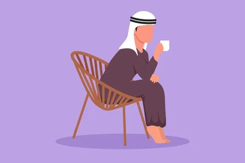 Cartoon flat style drawing side view of relaxed Arabian guy sitting in loun.. Stock Illustration