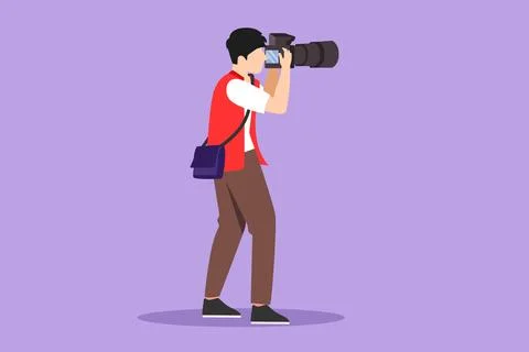 Cartoon flat style drawing side view of man photographer holding photo came.. Stock Illustration