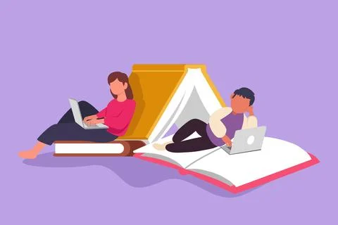 Cartoon flat style drawing smart couple with laptop computer leaning on pil.. Illustrazione stock