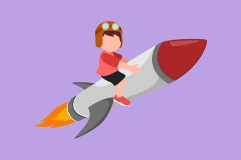 Cartoon flat style drawing smart little boy is sitting on flying rocket. Pr.. Stock Illustration