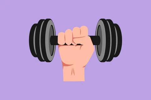 Cartoon flat style drawing of strong hand lifting up steel dumbbell isolate.. Stock Illustration