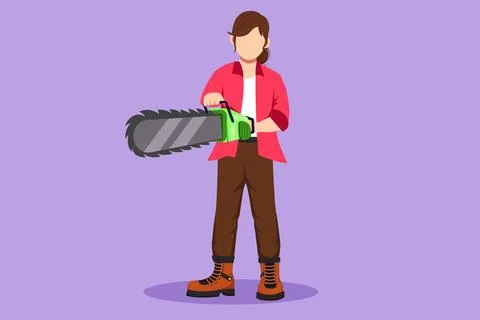 Cartoon flat style drawing strong cute woman worker using chainsaw. Wearing.. 스톡 일러스트