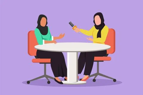 Cartoon flat style drawing talk show program at studio with interviewing, d.. Ilustración de archivo
