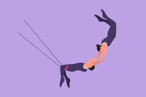 Cartoon flat style drawing two acrobatic players in action on trapeze with .. Stock Illustration