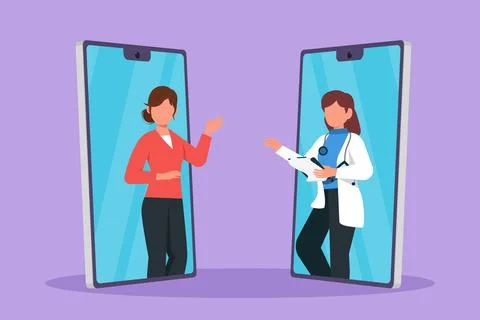 Cartoon flat style drawing two smartphone face to face contain female patie.. Stock Illustration