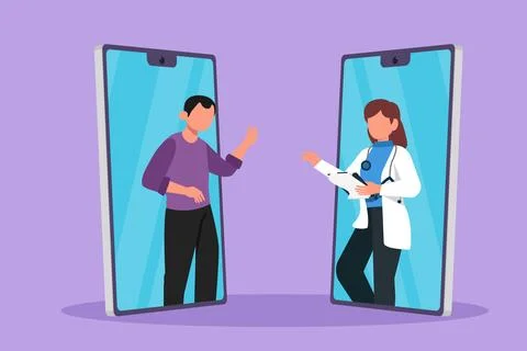Cartoon flat style drawing of two smartphone face to face contain male pati.. Stock Illustration