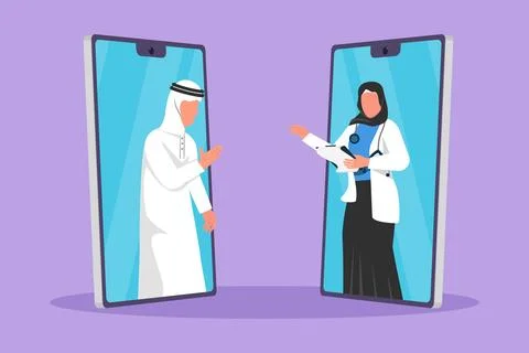 Cartoon flat style drawing two smartphone face to face contain male patient.. Stock Illustration