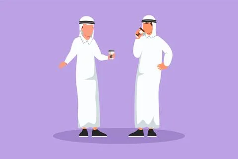 Cartoon flat style drawing two Arab men standing and drinking coffee, relax.. Illustrazione stock