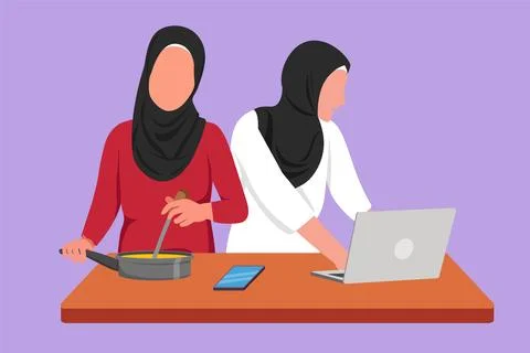 Cartoon flat style drawing two Arabian woman cooking dinner has video call .. Stock Illustration