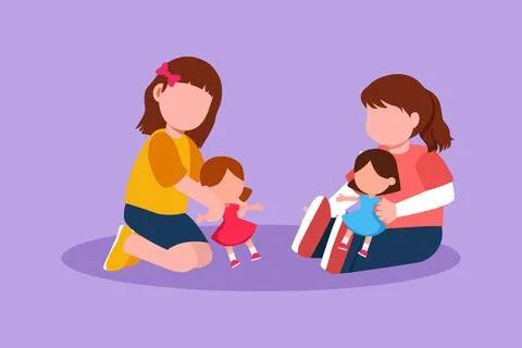 Cartoon flat style drawing two little girls playing with dolls. Happy kids .. 스톡 일러스트