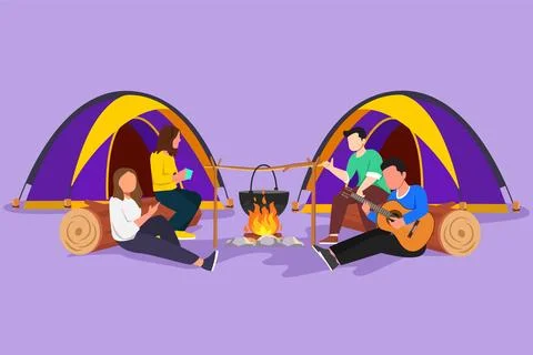 Cartoon flat style drawing two pair man woman hiker sitting on log cooking .. イラスト素材